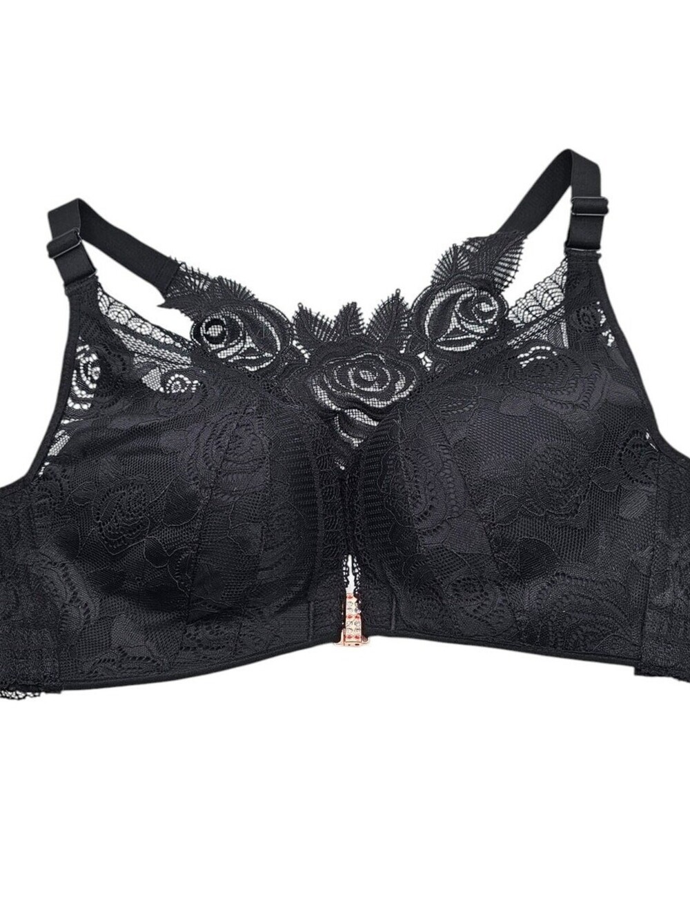Vintage 1990s Sexy Front Clasp Bra Black Rose Floral Lace Rhinestones